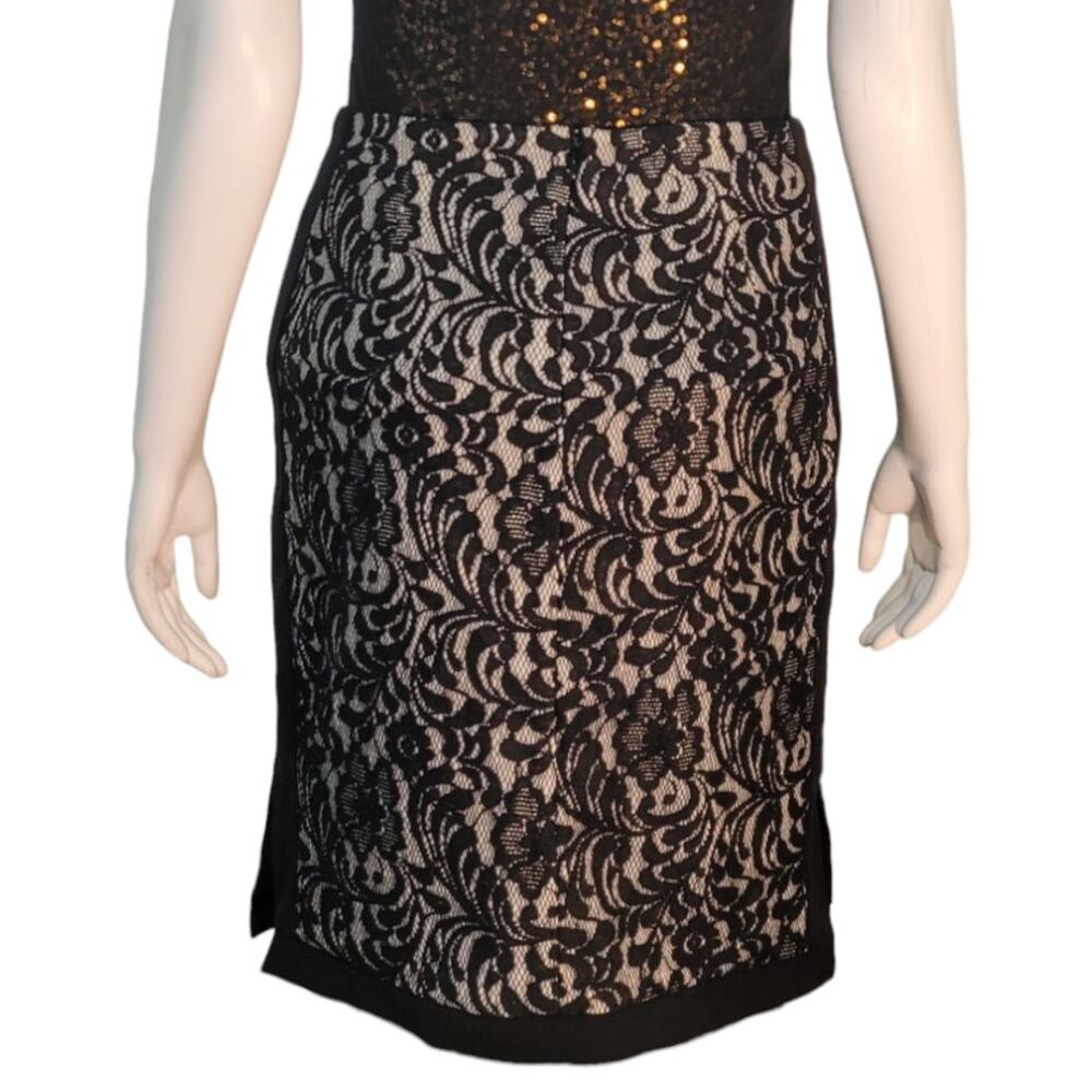 Black Lace Pencil Skirt Womens 4P Petite Nude Lined Floral Overlay Career